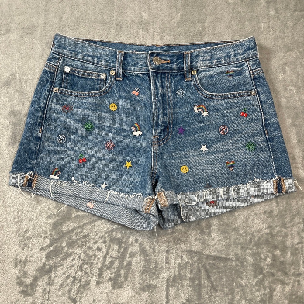 American Eagle Shorts Size 4 90s Boyfriend Embroidered Rainbow Blue Denim